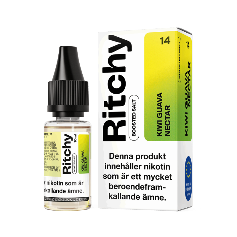 Ritchy Salt Kiwi Guava Nectar 10ml Nic Salt flaska bredvid originalförpackning