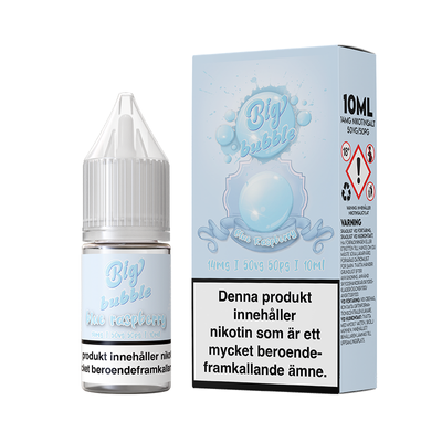 På bilden syns en flaska och låda. båda är blåa och på dom står det big bubble blue raspberry 14mg 50vg 50pg 10ml
