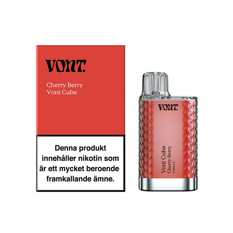 Förpackning och engångsvape Vont Cube cherry berry med varningstext om nikotin och märkning 20 mg/ml.