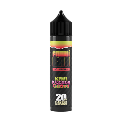Svart, röd och grön flaska. På flaskan står det frunk bar longfill kiwi passion guava 20ml flavour concentrate