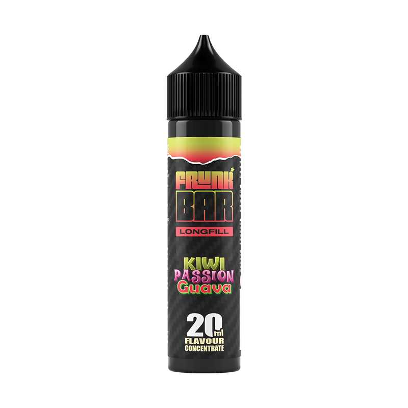 Svart, röd och grön flaska. På flaskan står det frunk bar longfill kiwi passion guava 20ml flavour concentrate