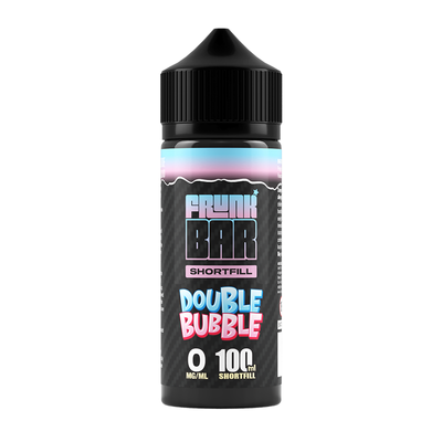 Svart, blå och rosa flaska. På flaskan står det frunk bar shortfill double bubble 0 mg/ml 100ml shortfill