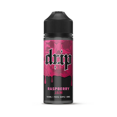 Svart flaska med rosa bakrgrund. På flaskan står det Drip Raspberry Jam 100ml / 70vg 30pg / 0mg