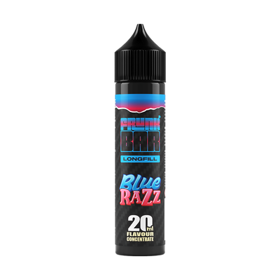 Svart, blå och rosa flaska. På flaskan står det frunk bar longfill blue razz 20ml flavour concentrate