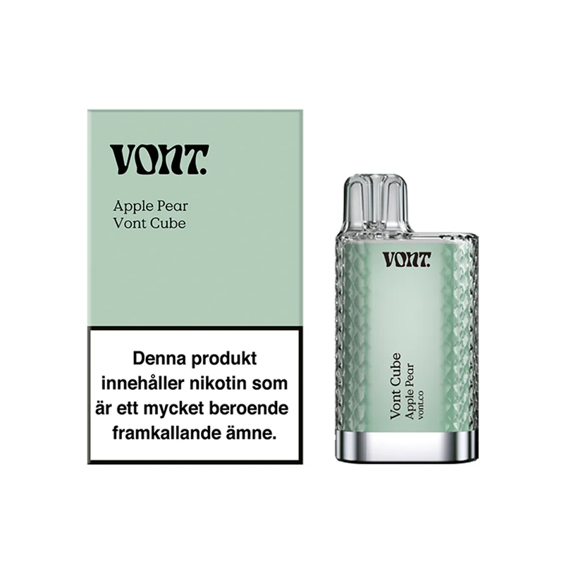 Förpackning och engångsvape Vont Cube apple pear med varningstext om nikotin och märkning 20 mg/ml.