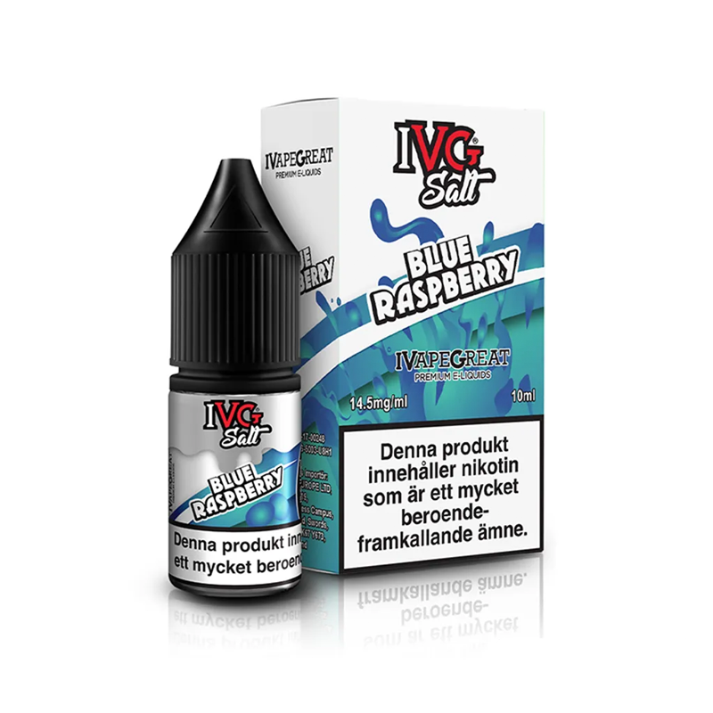 IVG Salts Blue Raspberry flaska bredvid originalförpackning