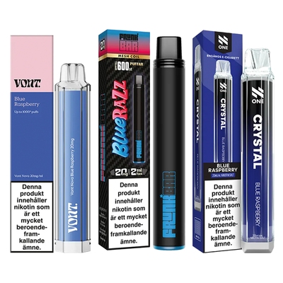 3-pack engångsvapes blå hallon – Vont Blue Raspberry, Frunk Bar Blue Razz och N One Crystal Blue Raspberry 20 mg