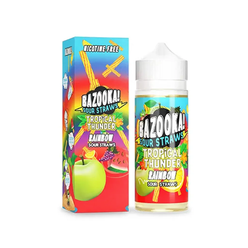 Bazooka Tropical Thunder Rainbow originalflaska brevid kartong mot vit bakgrund