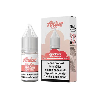 Arius Bar Salt White Peach Strawberry flaska bredvid originalförpackning