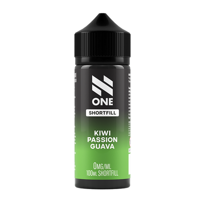 Svart och grön flaska. På flaskan står det N One Shortfill kiwi passion guava 0mg/ml 100ml shortfill