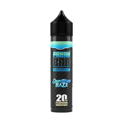 Svart, blå och grön flaska. På flaskan står det frunk bar longfill sour blue razz 20ml flavour concentrate