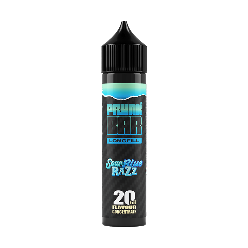 Svart, blå och grön flaska. På flaskan står det frunk bar longfill sour blue razz 20ml flavour concentrate