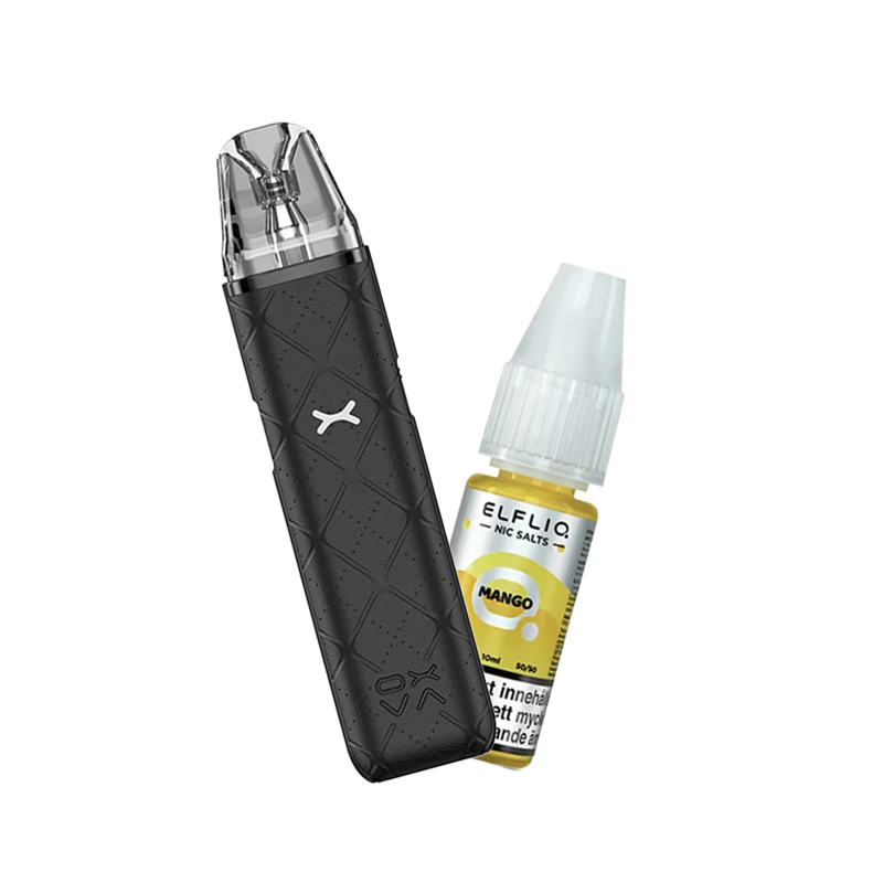 OXVA Xlim Go Pod Kit bredvid Elfliq Mango flaska, placerade mot en ljus bakgrund.