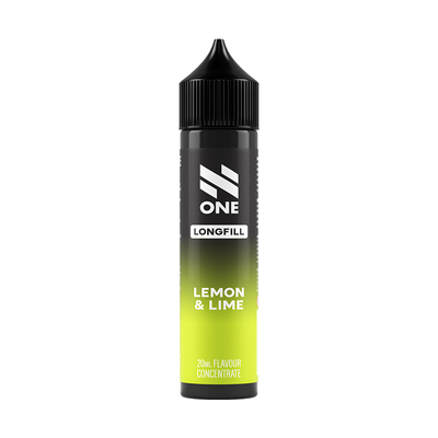 Svart och grön flaska. På flaskan står det N One longfill lemon & lime 20ml flavour concentrate