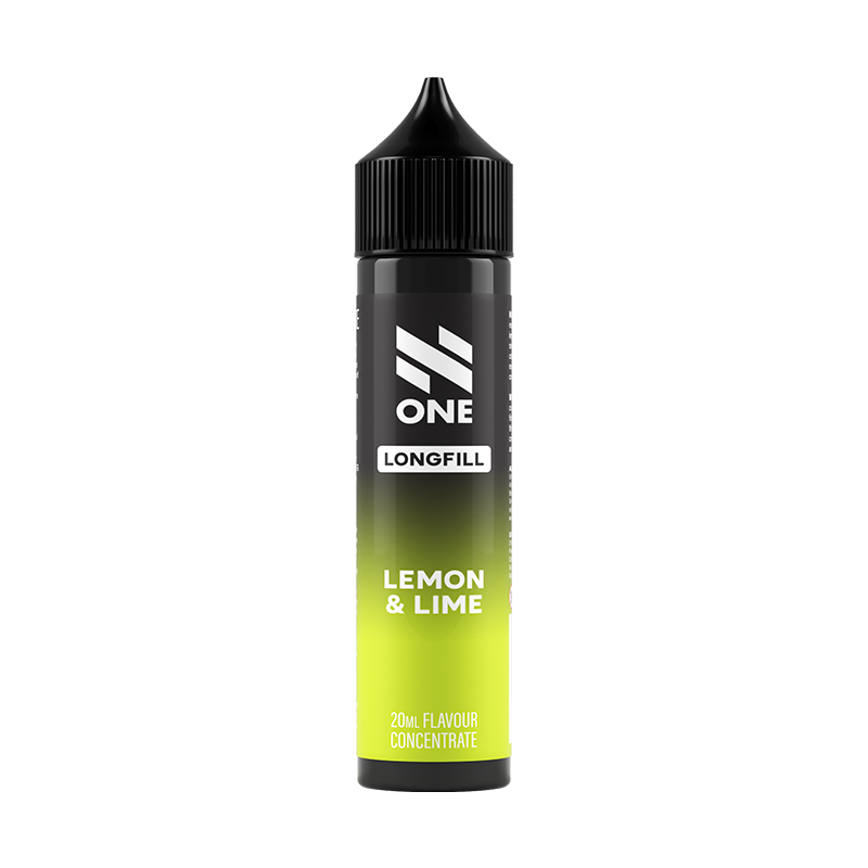 Svart och grön flaska. På flaskan står det N One longfill lemon & lime 20ml flavour concentrate