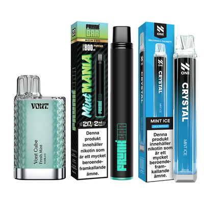 3-pack engångsvapes mint – Vont Cube Fresh Mint, Frunk Bar Mint Mania och N One Crystal Mint Ice 20 mg
