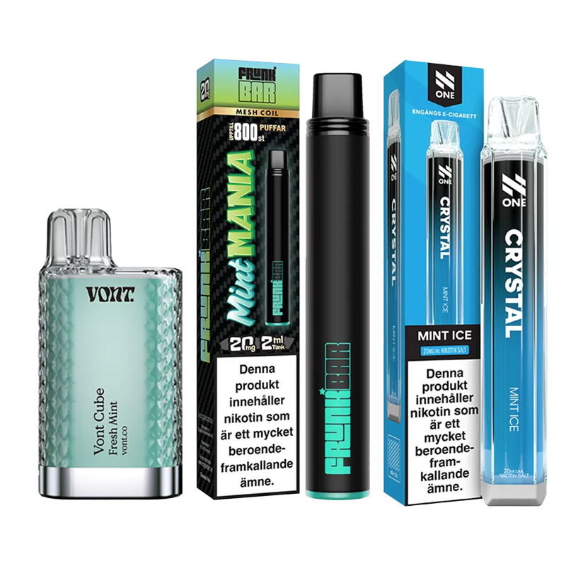 3-pack engångsvapes mint – Vont Cube Fresh Mint, Frunk Bar Mint Mania och N One Crystal Mint Ice 20 mg