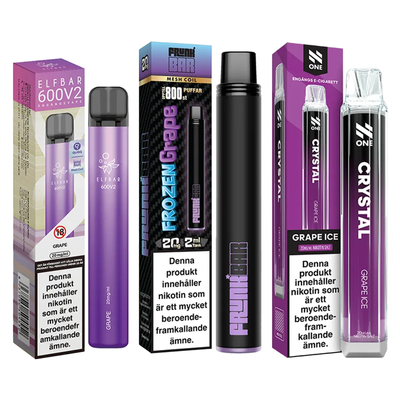 3-pack engångsvapes vindruva – Elf Bar 600V2 Grape, Frunk Bar Frozen Grape och N One Crystal Grape Ice 20 mg