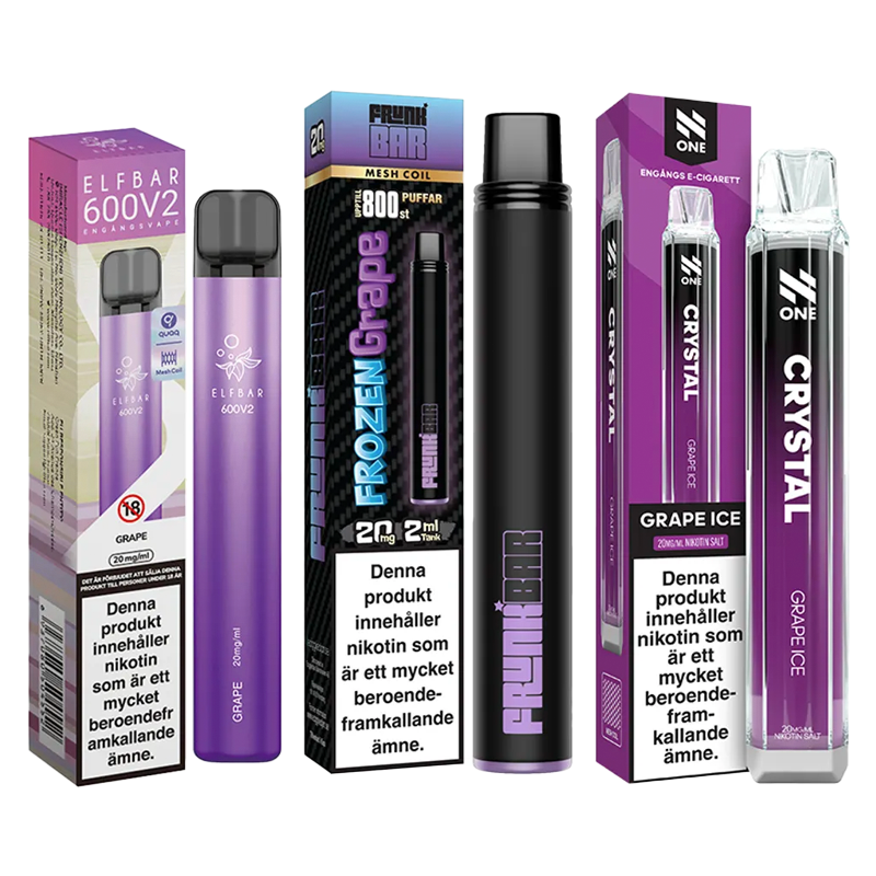 3-pack engångsvapes vindruva – Elf Bar 600V2 Grape, Frunk Bar Frozen Grape och N One Crystal Grape Ice 20 mg