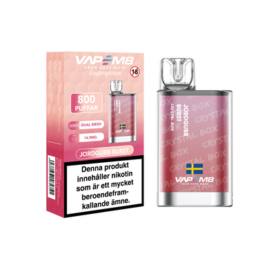 VapeM8 Crystal Box Dual Mesh Jordgubb Burst Engångs Vape bredvid originalförpackning