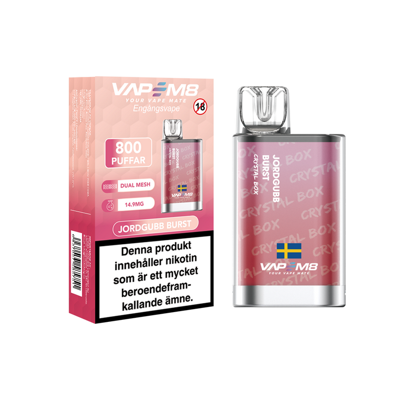 VapeM8 Crystal Box Dual Mesh Jordgubb Burst Engångs Vape bredvid originalförpackning