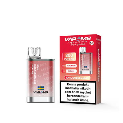 VapeM8 Crystal Box Dual Mesh Jordgubbsglass Engångs Vape bredvid originalförpackning
