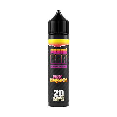 Svart, gul och rosa flaska. På flaskan står det frunk bar longfill pink lemonade 20ml flavour concentrate