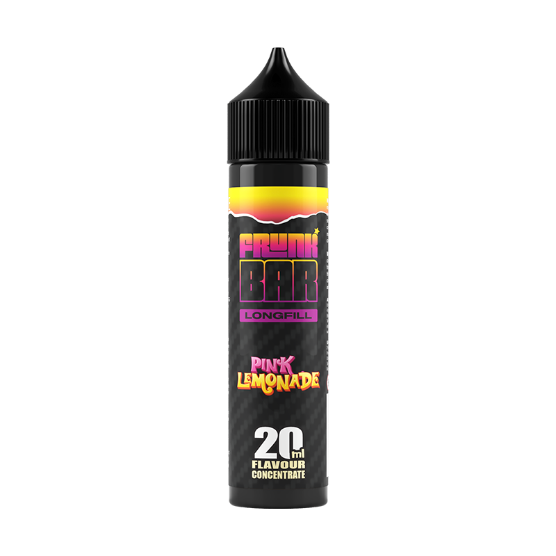 Svart, gul och rosa flaska. På flaskan står det frunk bar longfill pink lemonade 20ml flavour concentrate