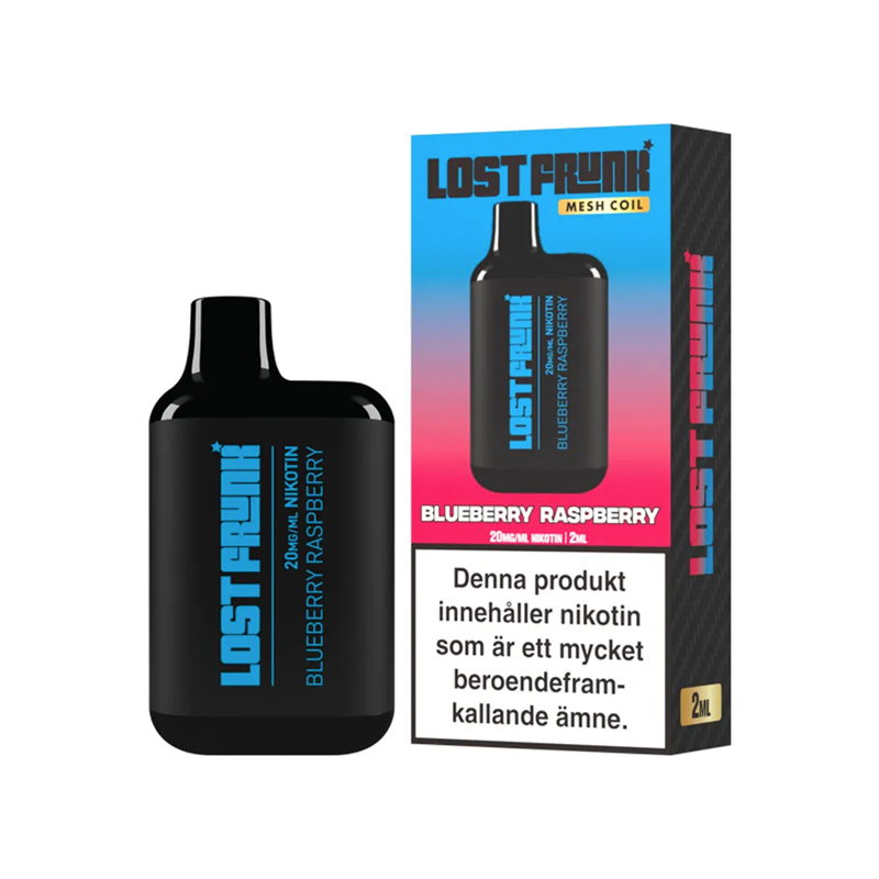 Lost Frunk Engångs Vape Blueberry Raspberry bredvid originalförpackning