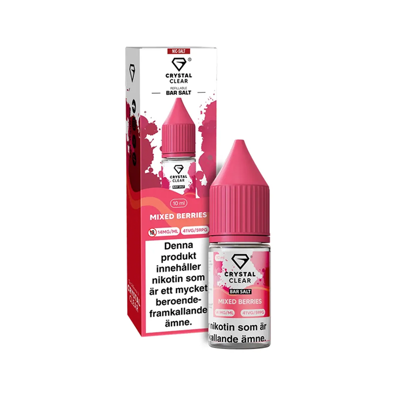 Crystal Clear Mixed Berries flaska bredvid originalförpackning