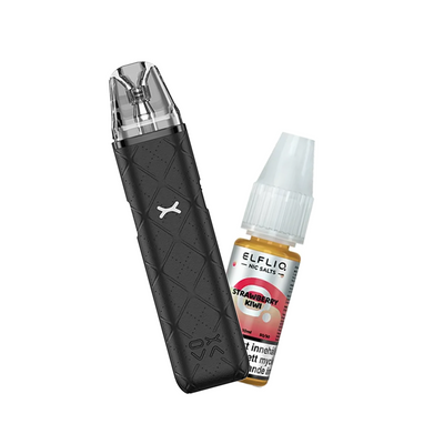 OXVA Xlim Go Pod Kit bredvid Elfliq Strawberry Kiwi flaska, placerade mot en ljus bakgrund.