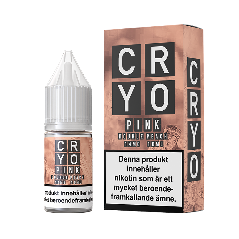 På bilden syns en flaska och låda. båda är rosa och på dom står det Cryo pink double peach 14mg 10ml