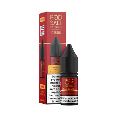 Pod Salt Origin Royal Tobacco 10ml, Nic Salt originalflaska bredvid originalkartong mot vit bakgrund