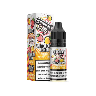Seriously Salty White Peach Lemon Flaska bredvid originalförpackning