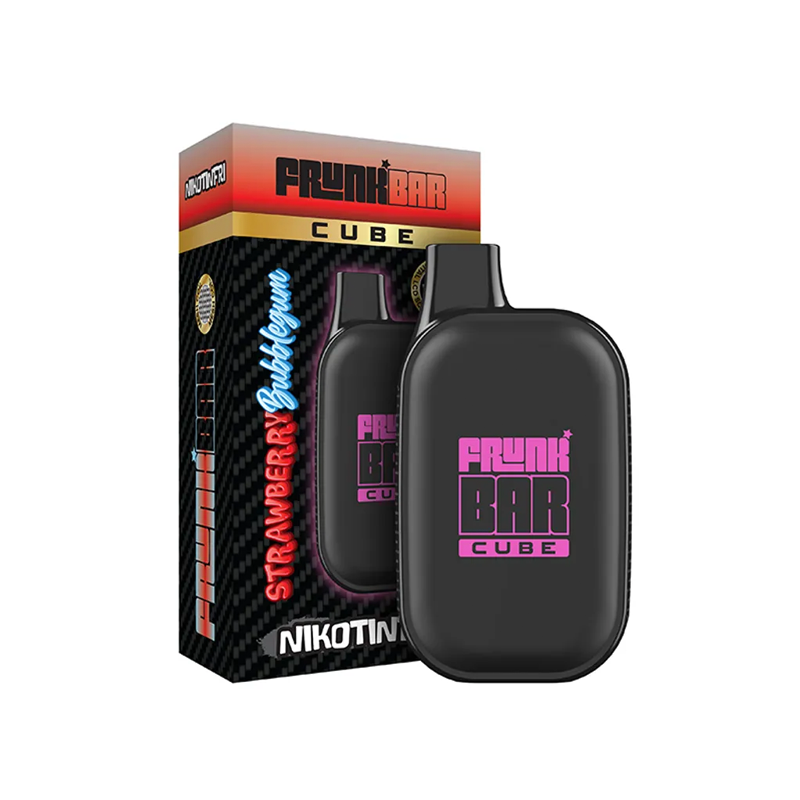 Frunk Bar Cube ZERO Mesh Engångs Vape Strawberry Bubblegum bredvid originalförpackning