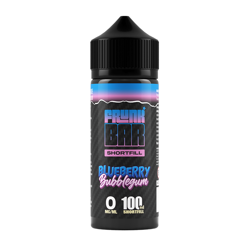 Svart, blå och lila flaska. På flaskan står det frunk bar shortfill blueberry bubblegum 0 mg/ml 100ml shortfill
