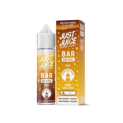 Just Juice Bar Cola 40ml Longfill originalflaska bredvid originalförpackning mot vit bakgrund