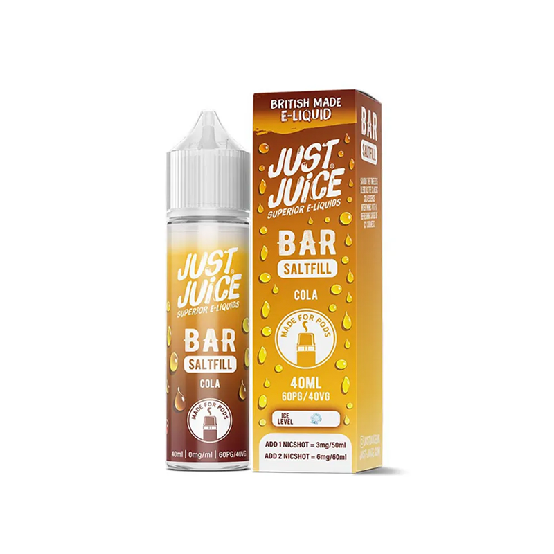 Just Juice Bar Cola 40ml Longfill originalflaska bredvid originalförpackning mot vit bakgrund