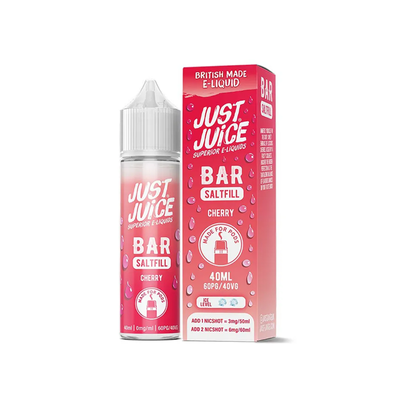 Just Juice Bar Cherry 40ml Longfill originalflaska bredvid originalförpackning mot vit bakgrund