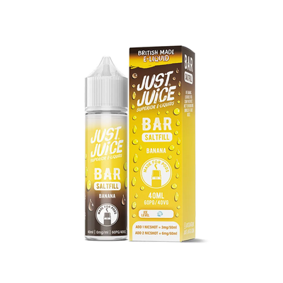Just Juice Bar Banana 40ml Longfill originalflaska bredvid originalförpackning mot vit bakgrund