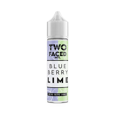 Two Faced Blueberry Lime MTL Shortfill originalflaska bredvid originalförpackning mot vit bakgrund