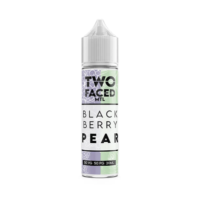 Two Faced Blackberry Pear MTL Shortfill originalflaska bredvid originalförpackning mot vit bakgrund