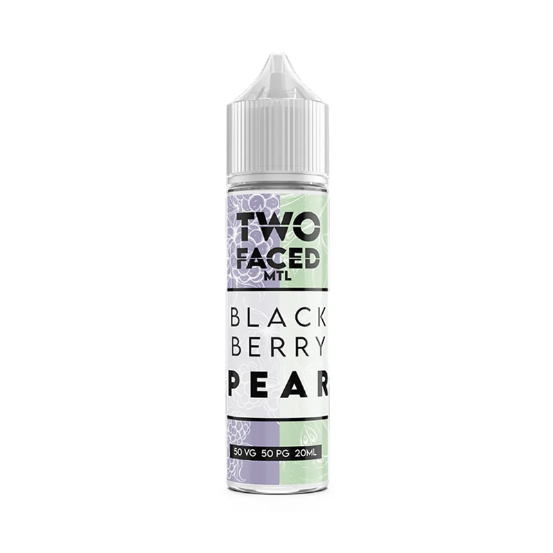 Two Faced Blackberry Pear MTL Shortfill originalflaska bredvid originalförpackning mot vit bakgrund