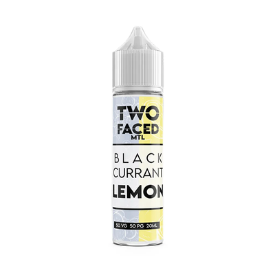 Two Faced -Blackcurrant Lemon MTL Shortfill originalflaska bredvid originalförpackning mot vit bakgrund