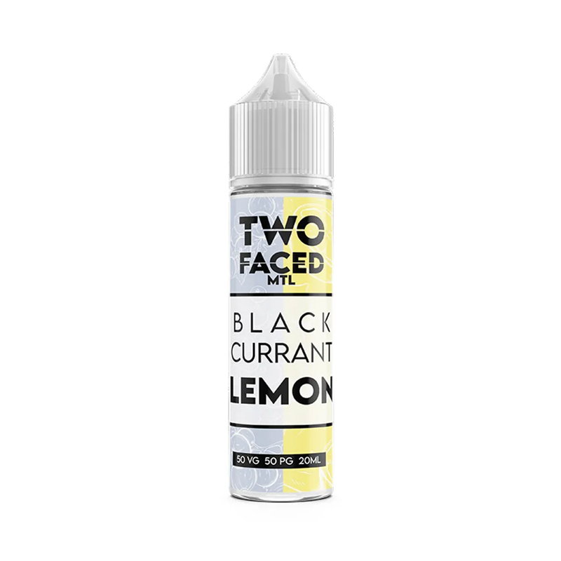 Two Faced -Blackcurrant Lemon MTL Shortfill originalflaska bredvid originalförpackning mot vit bakgrund