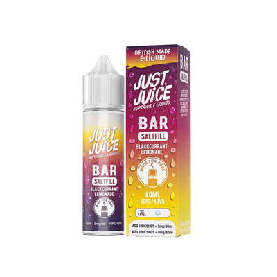 Just Juice Bar Blackcurrant Lemonade 40ml Longfill originalflaska bredvid originalförpackning mot vit bakgrund