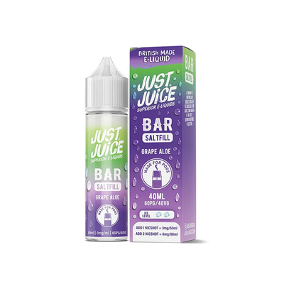 Just Juice Bar Grape Aloe 40ml Longfill originalflaska bredvid originalförpackning mot vit bakgrund