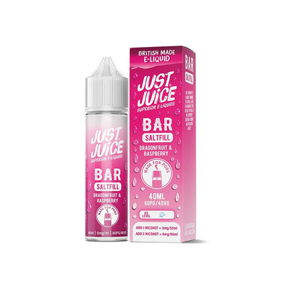 Just Juice Bar Dragonfruit & Raspberry 40ml Longfill originalflaska bredvid originalförpackning mot vit bakgrund