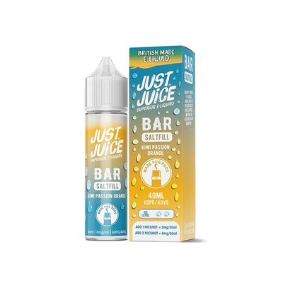 Just Juice Bar Kiwi Passion Orange 40ml Longfill originalflaska bredvid originalförpackning mot vit bakgrund