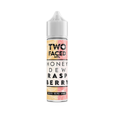 Two Faced Honeydew Raspberry MTL Shortfill originalflaska bredvid originalförpackning mot vit bakgrund